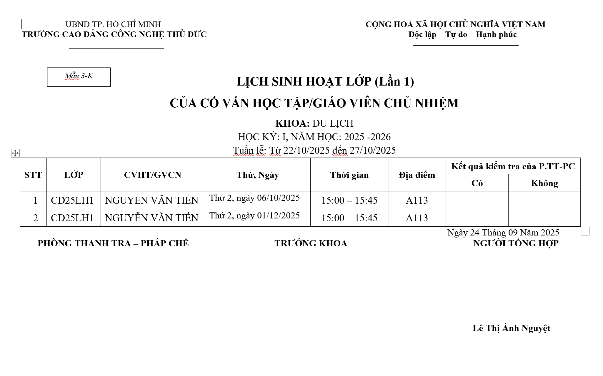 LỊCH SINH HOẠT TRỰC TIẾP TẠI LỚP - THẦY TIẾN  - HK1 - NĂM HỌC: 2025 - 2026 
